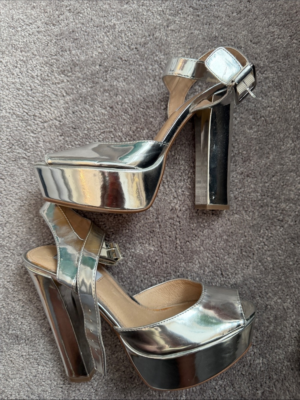 Steve Madden Silver Mirrored Platform Block Heel Sandals